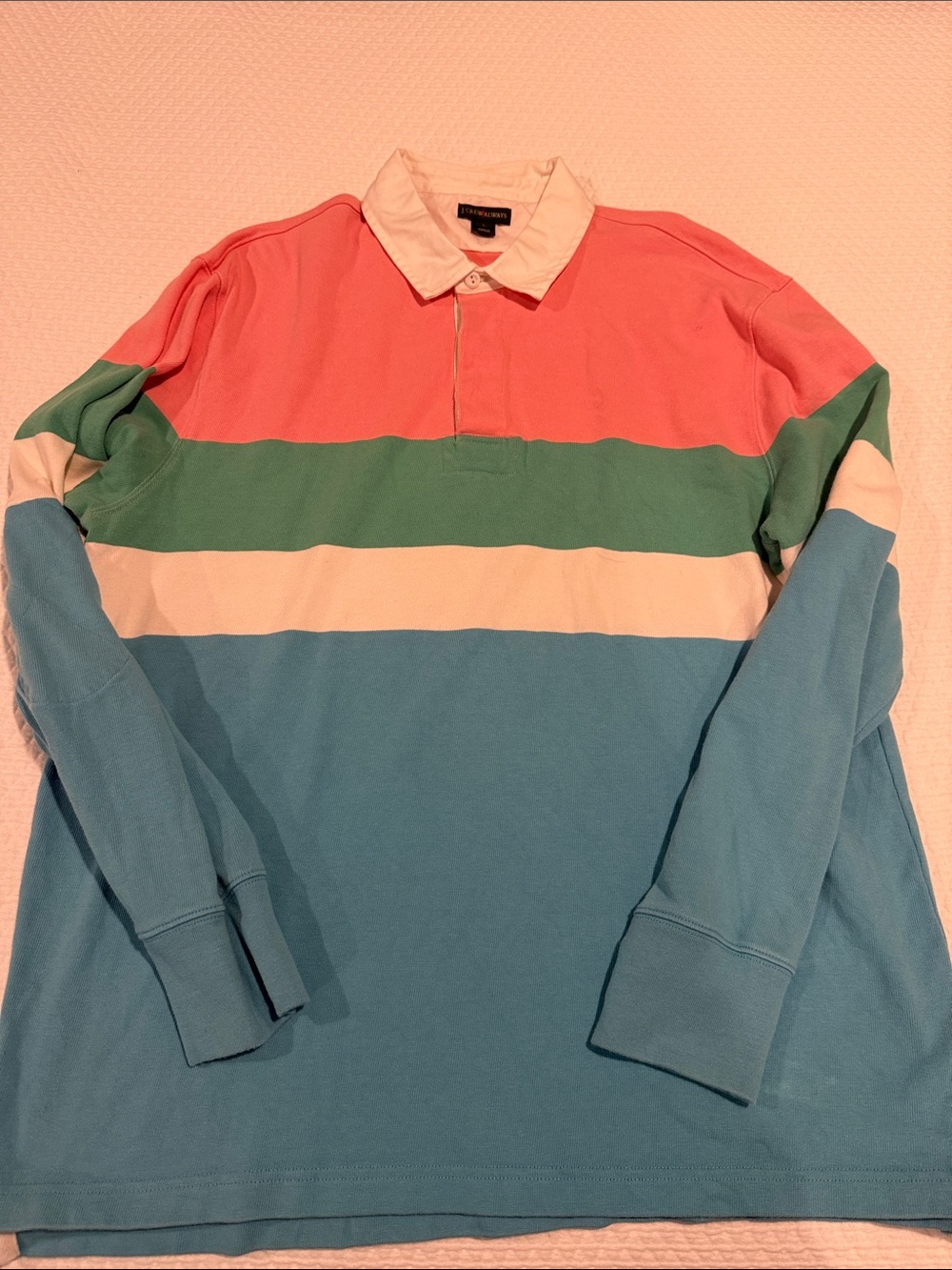 J. Crew Coral, Green & Sky Blue Striped Rugby Polo
